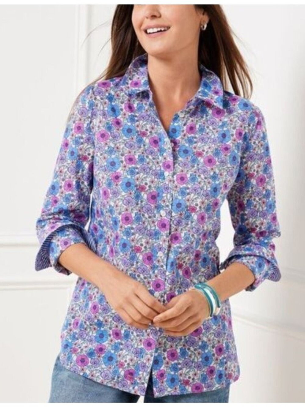 Talbots Poppy Ditsy Floral Button Down Shirt Modern Classic Cotton Blouse LS